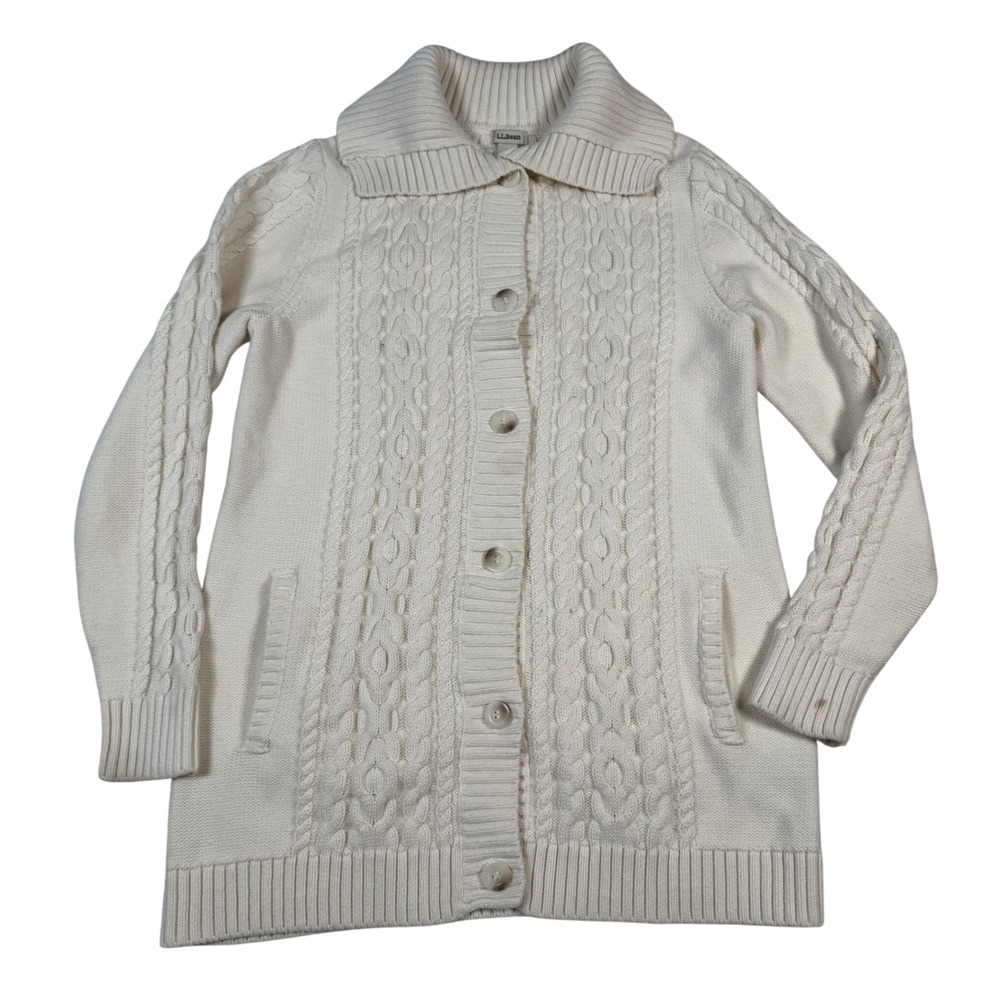 LL Bean Women M Cream Cable Knit‎ Cardigan Sweater Shawl Collar Fisherman Preppy